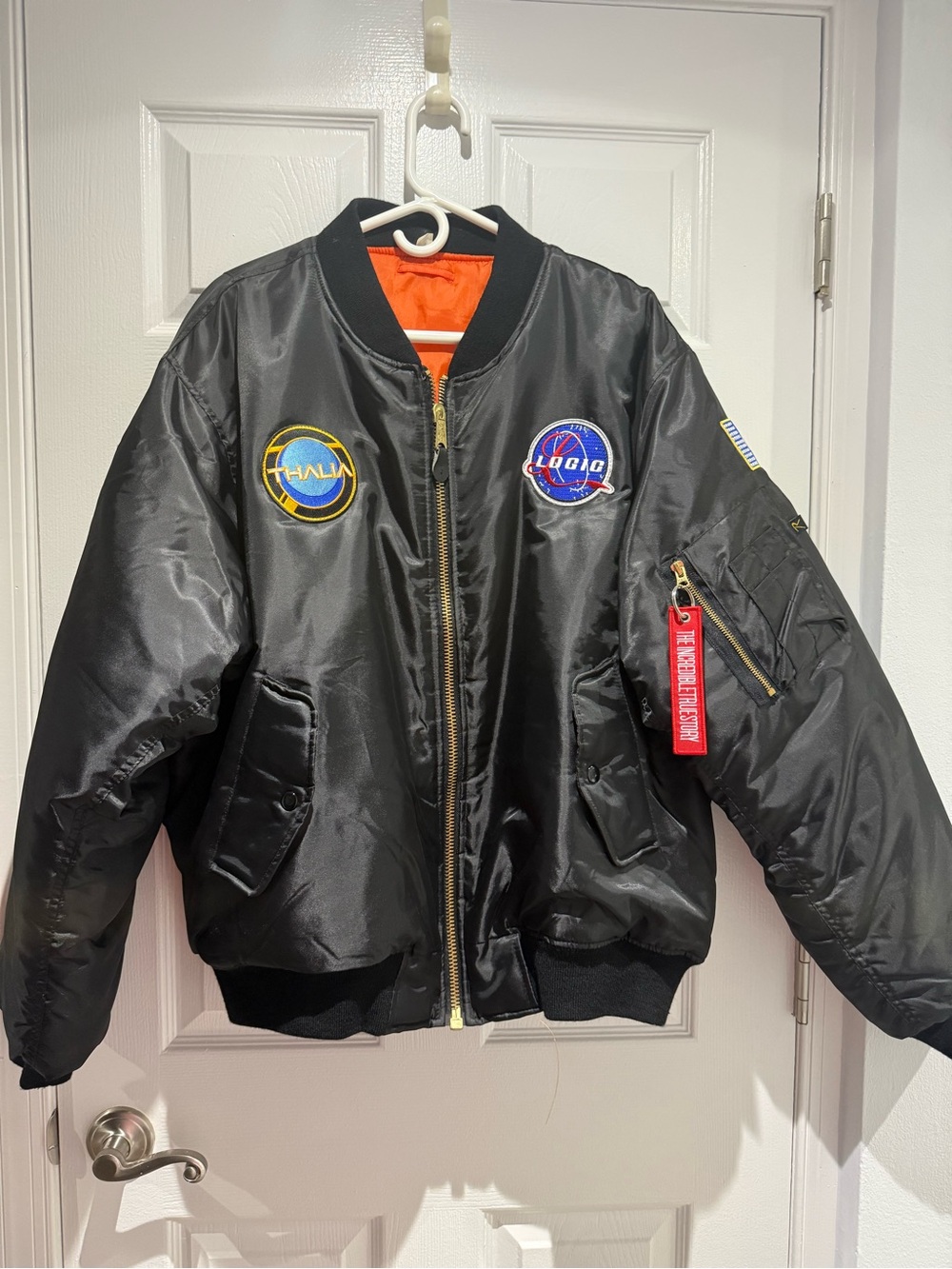 Black Bomber Jacket with Orange Lining - Pilot Style